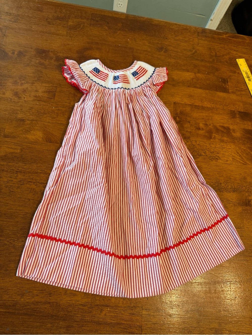 The Smocking Bug Patriotic USA Flag Bishop Dress Red & White Stripe size 2